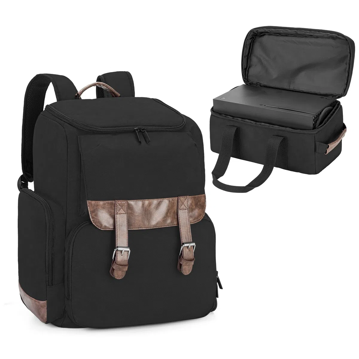 LoDrid Mochila compatible con Xbox Series X con bolsa para consola, bolsa para juegos con varios bolsillos y divisor y para laptop de 15,6" y accesorios para juegos