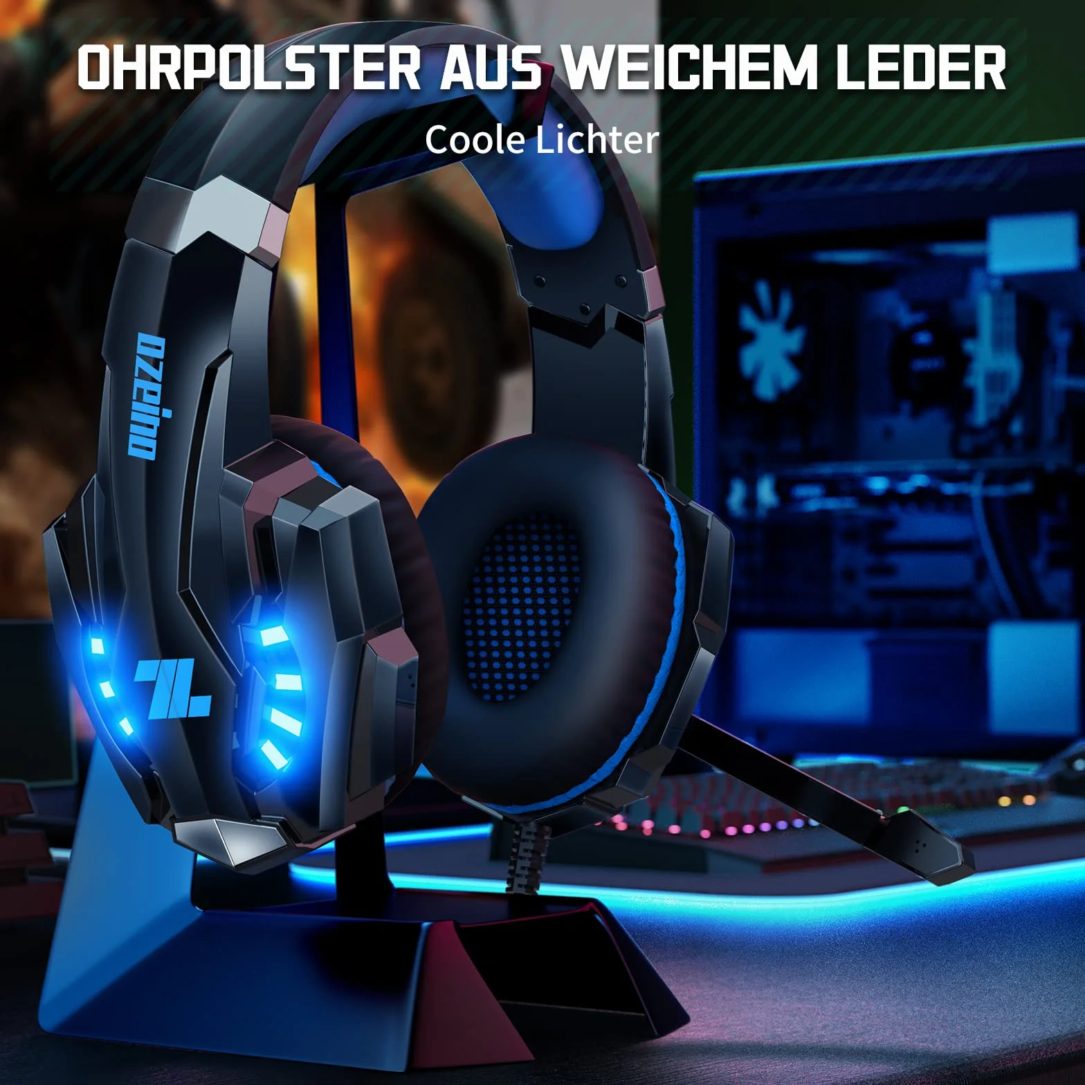 Ozeino Auriculares para Videojuegos para PS4 PS5 3D Surround Sound Cancelling Auriculares con micrófono para PC Xbox One Switch con luz LED