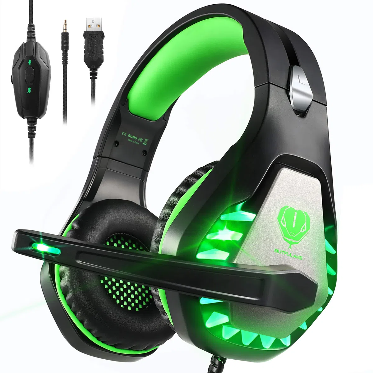 Pacrate Auriculares para Videojuegos 2023 - PS4 PS5 PC Xbox One, Xbox Series X - LED Clarity Sound con Micrófono de Cancelación de Ruido de 3,5 mm (Negro Verde)