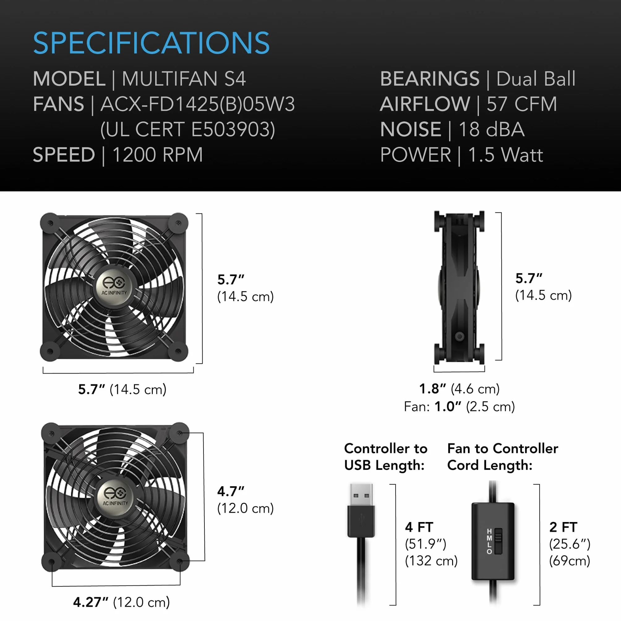 AC Infinity MULTIFAN S4, ventilador USB silencioso de 140mm con certificación UL para refrigeración de gabinetes de ordenador, receptores, DVR, PlayStation y Xbox