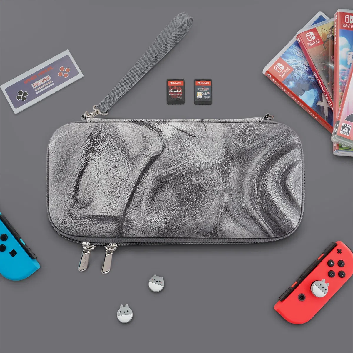 playvital Estuche Portátil para Nintendo Switch y OLED - Funda de Transporte con Tapas de Joystick, 10 Ranuras para Juegos, Bolsillo Interior Suave y Forro Protector (Remolino de Plata)