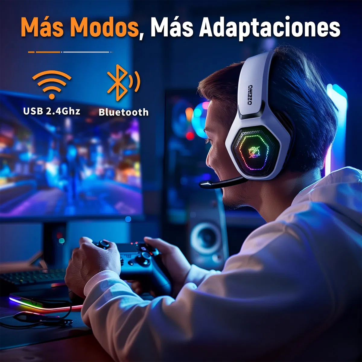 Ozeino Cascos Gaming Inalámbricos para PC/Ps5/Ps4, Auriculares Gaming Inalámbricos de 2,4GHz Wireless+Bluetooth, Baja Latencia Calidad de Sonido sin Pérdidas, Duración 30Hr+ Blanco