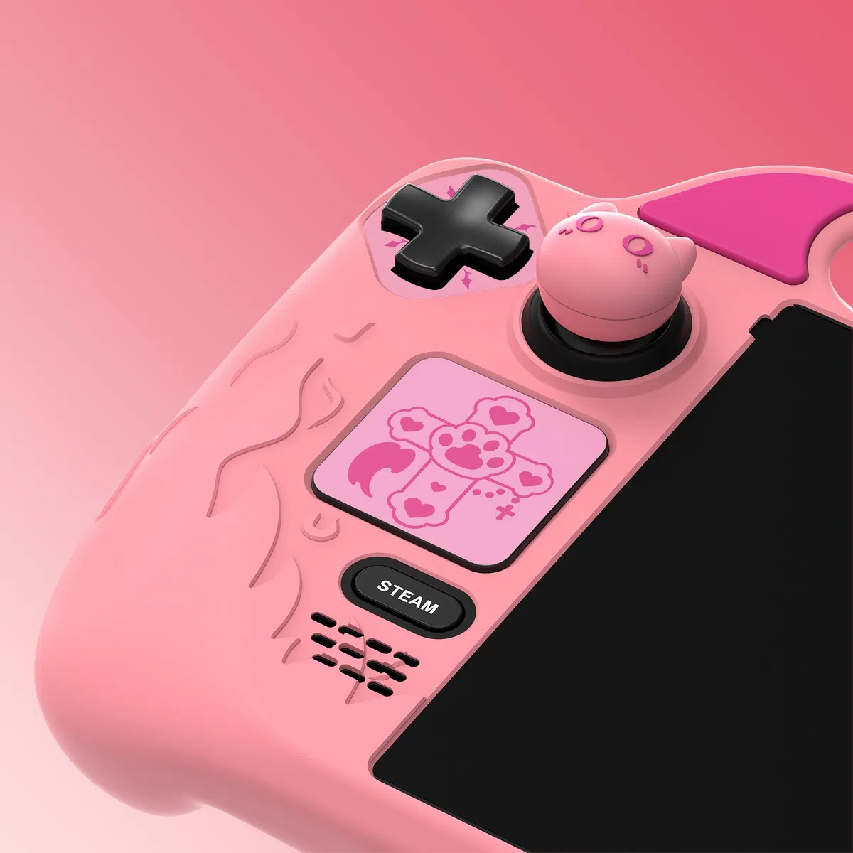 PlayVital Funda de Silicona para Steam Deck LCD & OLED - Protector Antideslizante con Tapas de Joystick & Pegatinas para Trackpad & Mejora de Botones Traseros Set, Diseño Cute Demon (Rosa)