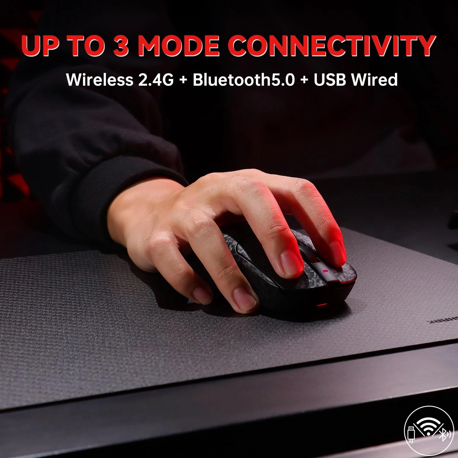 A.JAZZ AJ199 Ratón Gaming de Fibra de Carbono, Wireless 2.4G/BT/USB-C Trimodo, Ultraligero 55g, Sensor óptico PixArt PAW3311 con 24000 dpi y Sondeo de 1000, Mice Gamer Oficina, PC/Mac - Negro