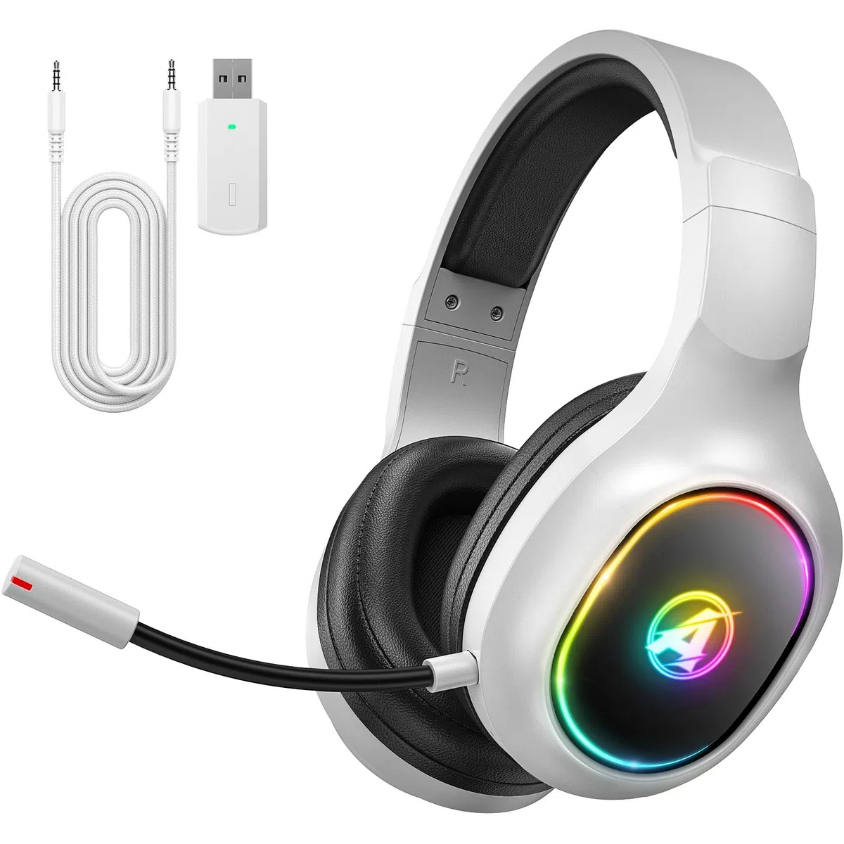 Cascos Gaming Inalambricos para PS4, PS5, PC, Mac, Switch, Auriculares Gaming Inalambricos con Cancelación de Ruido y Luz RGB, 2,4 GHz, Sonido Estéreo 7.1, Blanco