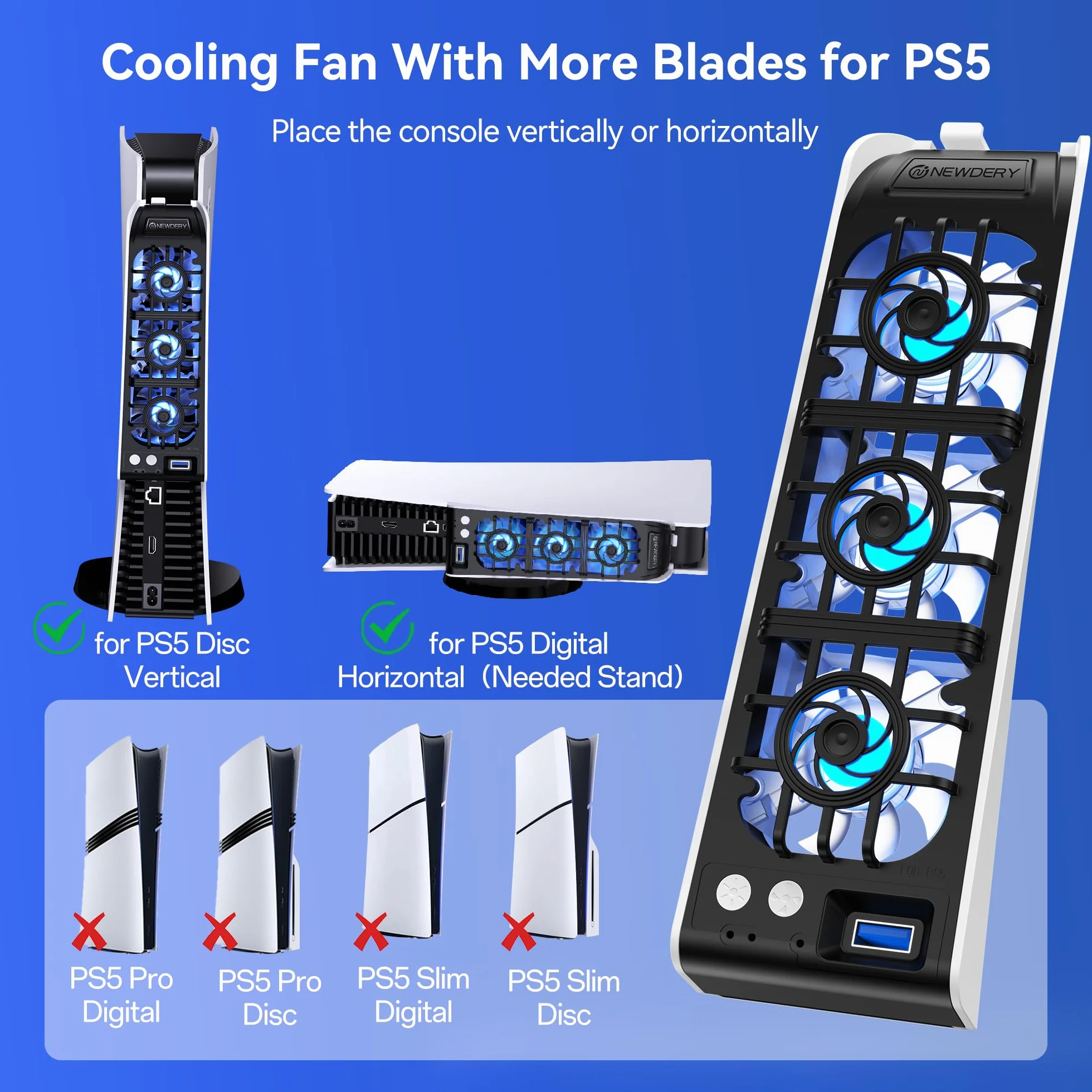 NEWDERY Ventilador para Accesorios de PS5. Ventilador silencioso Mejorado, Velocidad Ajustable automáticamente según la Temperatura, luz RGB dinámica, Compatible con PlayStation 5