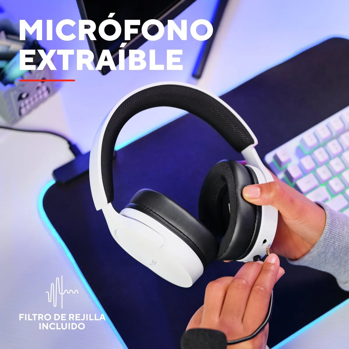 Trust Gaming GXT 489W Fayzo Cascos Gaming para PC, PS5, PS4, Xbox Series X|S, Switch, Mobile, 3.5 mm, 35% Plástico Reciclado, Auriculares Over-Ear Micrófono con Cancelación de Ruido - Blanco