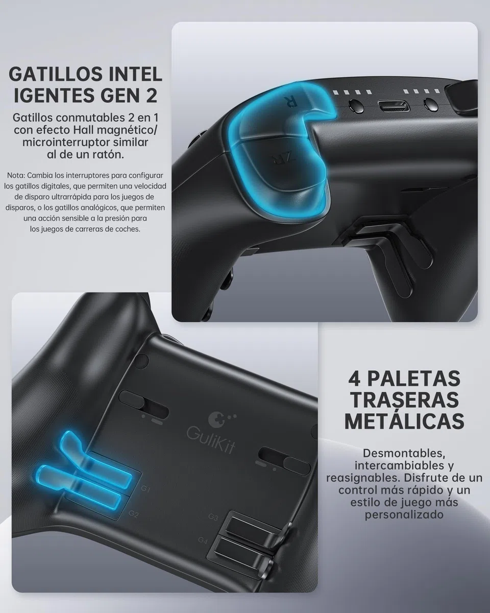 GuliKit TT Mando Inalámbrico para PC, Android, iOS, Switch 1/2, Joystick TMR, con Batería de 950 mAh, Función de Activación (Negro, TT MAX)