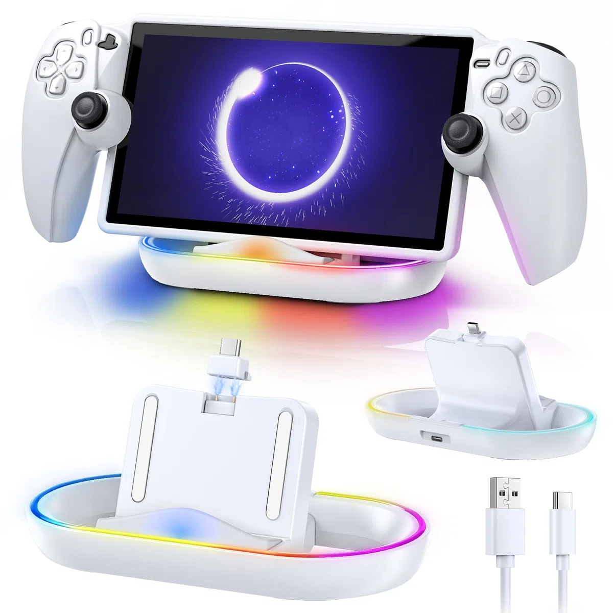 FYOUNG Base de Carga para PlayStation Portal Compatible con Cubierta Protectora, Soporte de Carga portátil RGB con Cable USB-C, estación de Carga con Puerto magnético Tipo C para PS Portal, Color