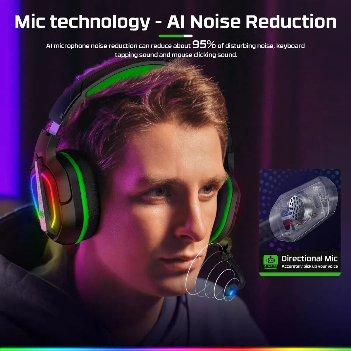 Fachixy FC-200 Cascos Gaming para PS4, PS5, PC, Xbox, Nintendo Switch, Auriculares Gaming para PS5 con micrófono ENC, para Juegos de 3,5 mm con luz RGB (RGB Negro Verde)