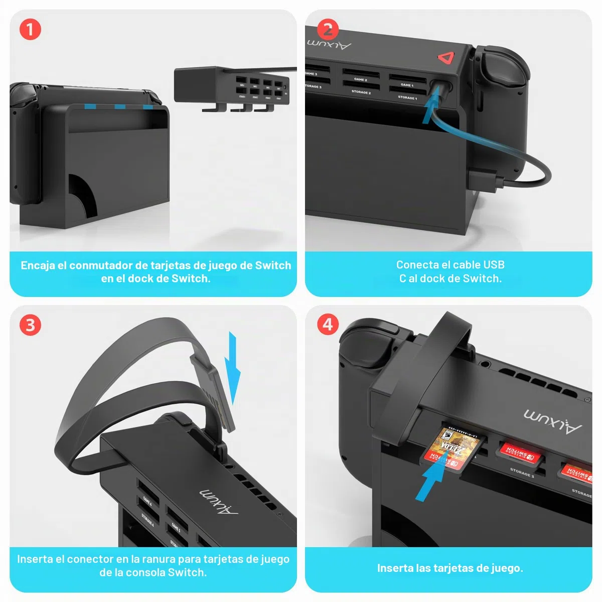 Alxum Switch Lector de Tarjetas de Juego con Mando a Distancia, 8 en 1 Multi Game Card Holder Compatible para Nintendo con 4 Gaming Cards Switcher y 4 para Almacenamiento de Tarjetas