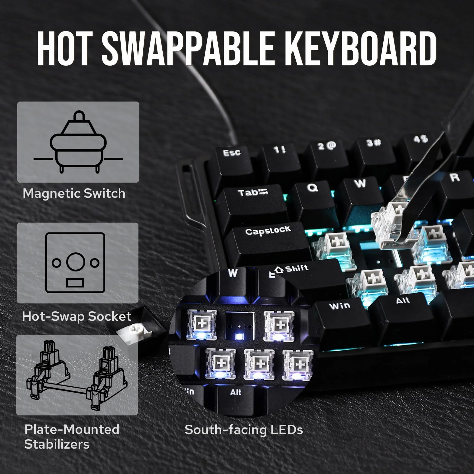 EPOMAKER Aula WIN60 HE Teclado Magnético 60% con Cable, Acción Ajustable, Tasa de Sondeo 8000Hz, Switches Hall Effect, Intercambiable en Caliente, para Juegos de FPS, QWERTY (Negro)