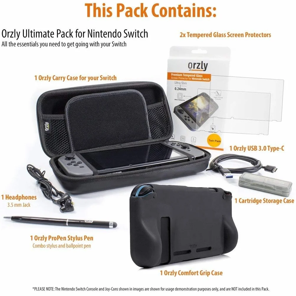 Orzly PACK ESENCIAL de Accesorios para Nintendo Switch [Incluye: Protectores de Pantalla, Cable USB, Funda para Consola, Estuche Tarjetas de Juego, Funda Comfort Grip, Auriculares] – NEGRO