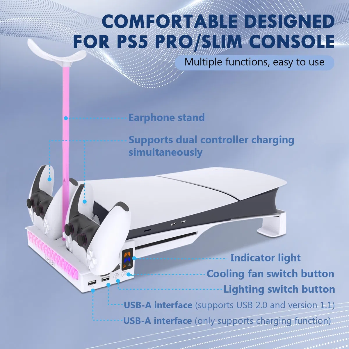 Sehawei Soporte para PS5 Slim/Pro con Ventilador de 2 Velocidades, Cargador para Mando PS5 con Luz LED, Soporte PS5 Horizontal con 2 Puertos USB y Holder Headphone para PS5 Slim (No para P5 2020)