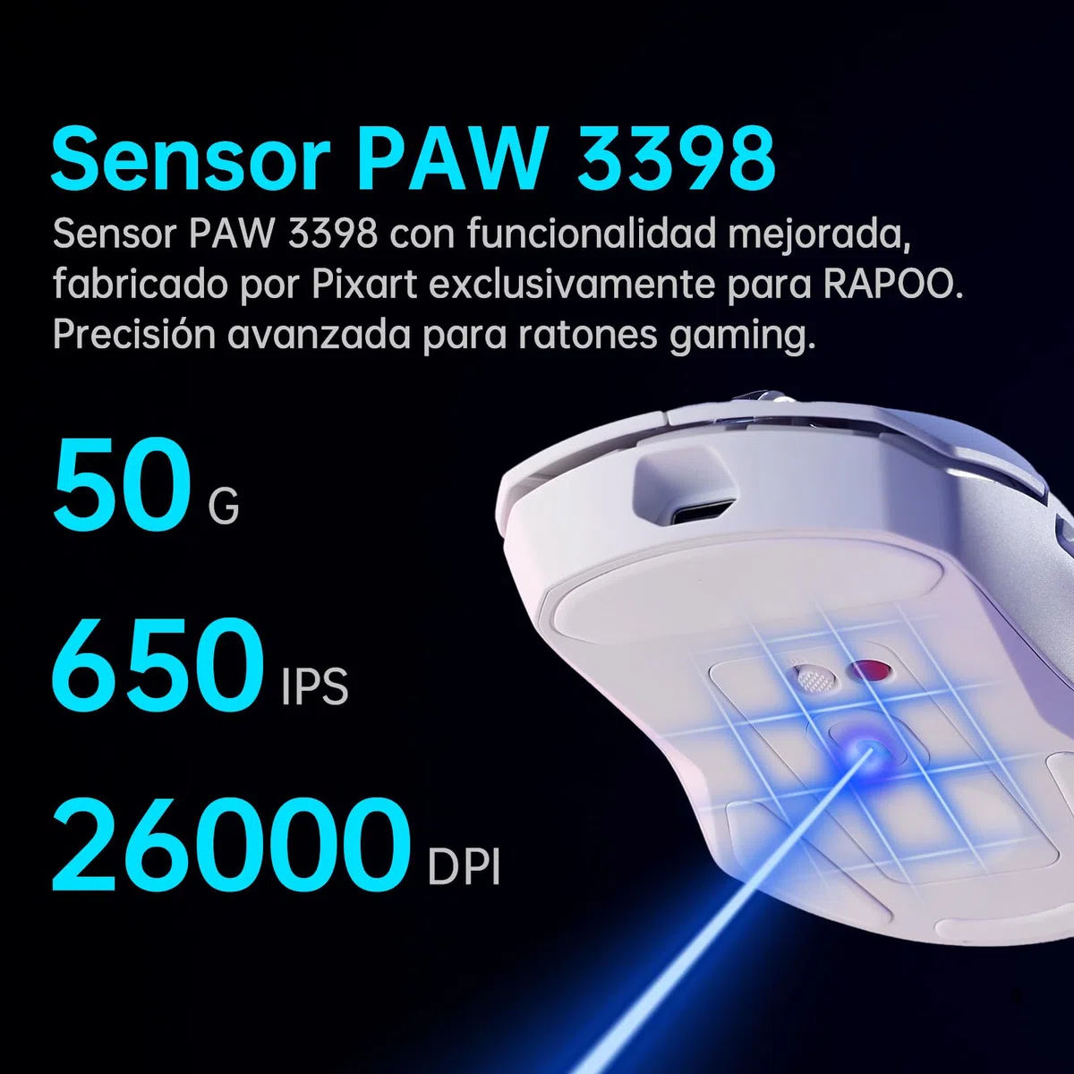Rapoo VT9Pro Ratón Gaming Inalámbrico, Sensor Paw 3398, 26000 dpi, 1 ms Respuesta, Súper Ligero, hasta 160 Horas de Batería, 10 Botones Programables, Memoría Integrada, Blanco