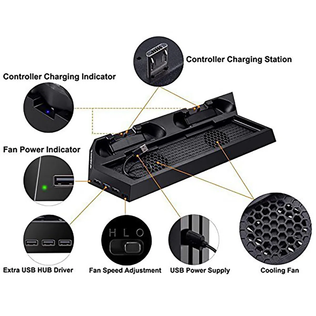OSTENT Soporte Vertical del concentrador del USB del Fan de enfriamiento del Cargador del regulador Dual para la Consola de Sony PS4 / Slim/Pro