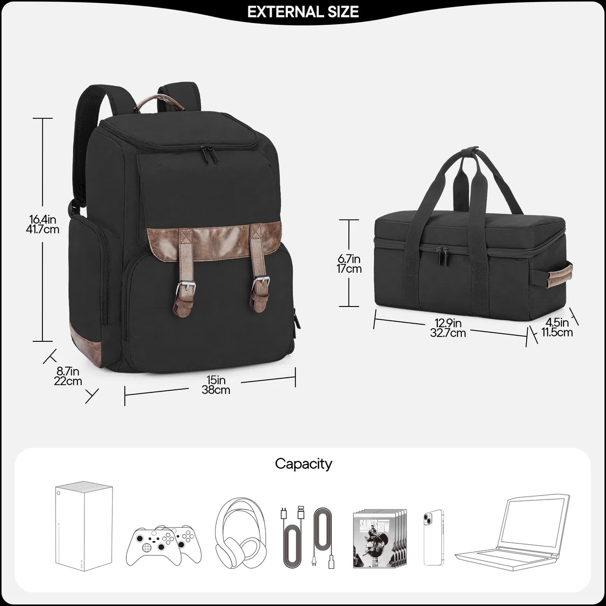 LoDrid Mochila compatible con Xbox Series X con bolsa para consola, bolsa para juegos con varios bolsillos y divisor y para laptop de 15,6" y accesorios para juegos