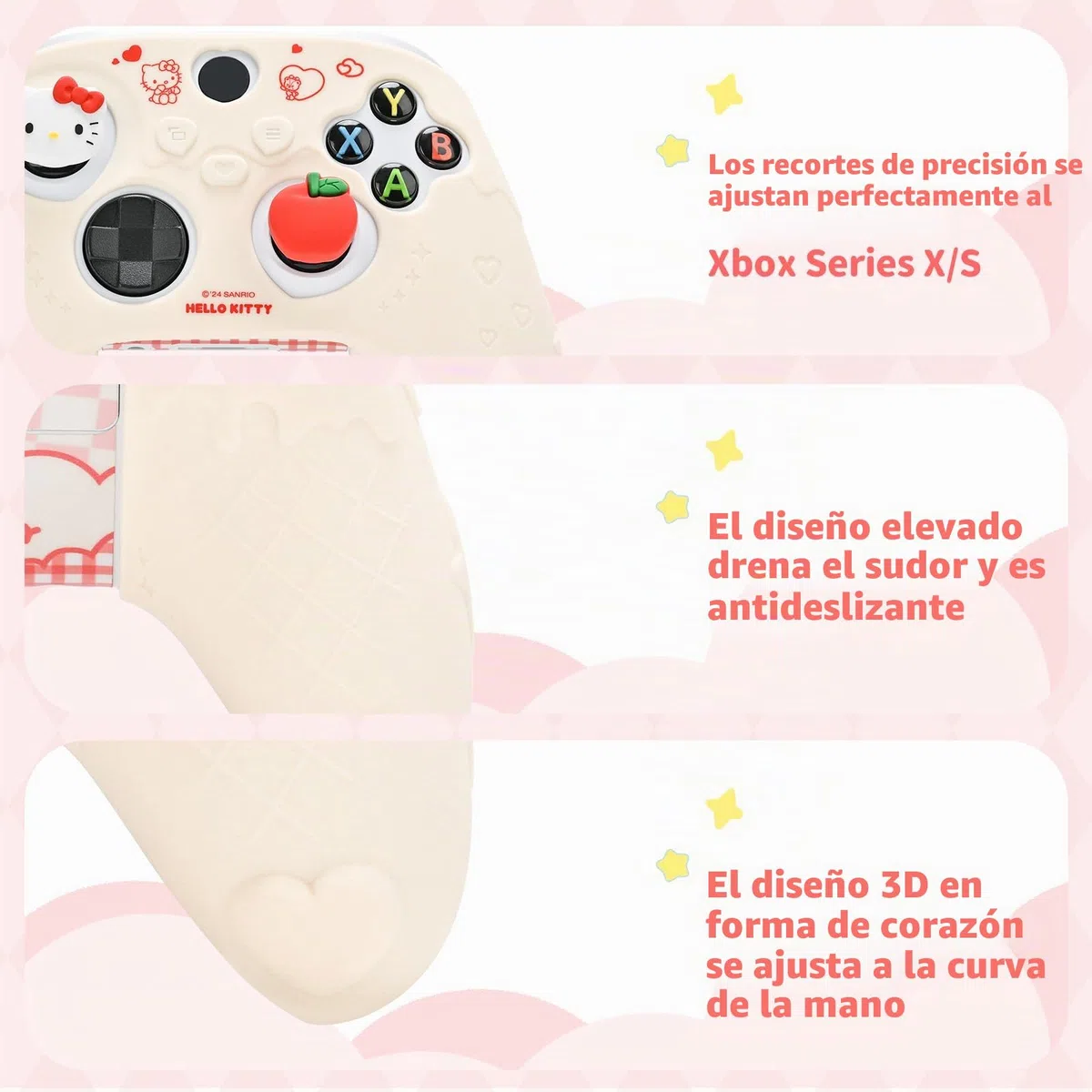 Kuitmor Funda protectora antideslizante de silicona suave compatible con mando de Xbox con 2 tapas de agarre para el pulgar y 1 adhesivo (beige Hello Kitty)