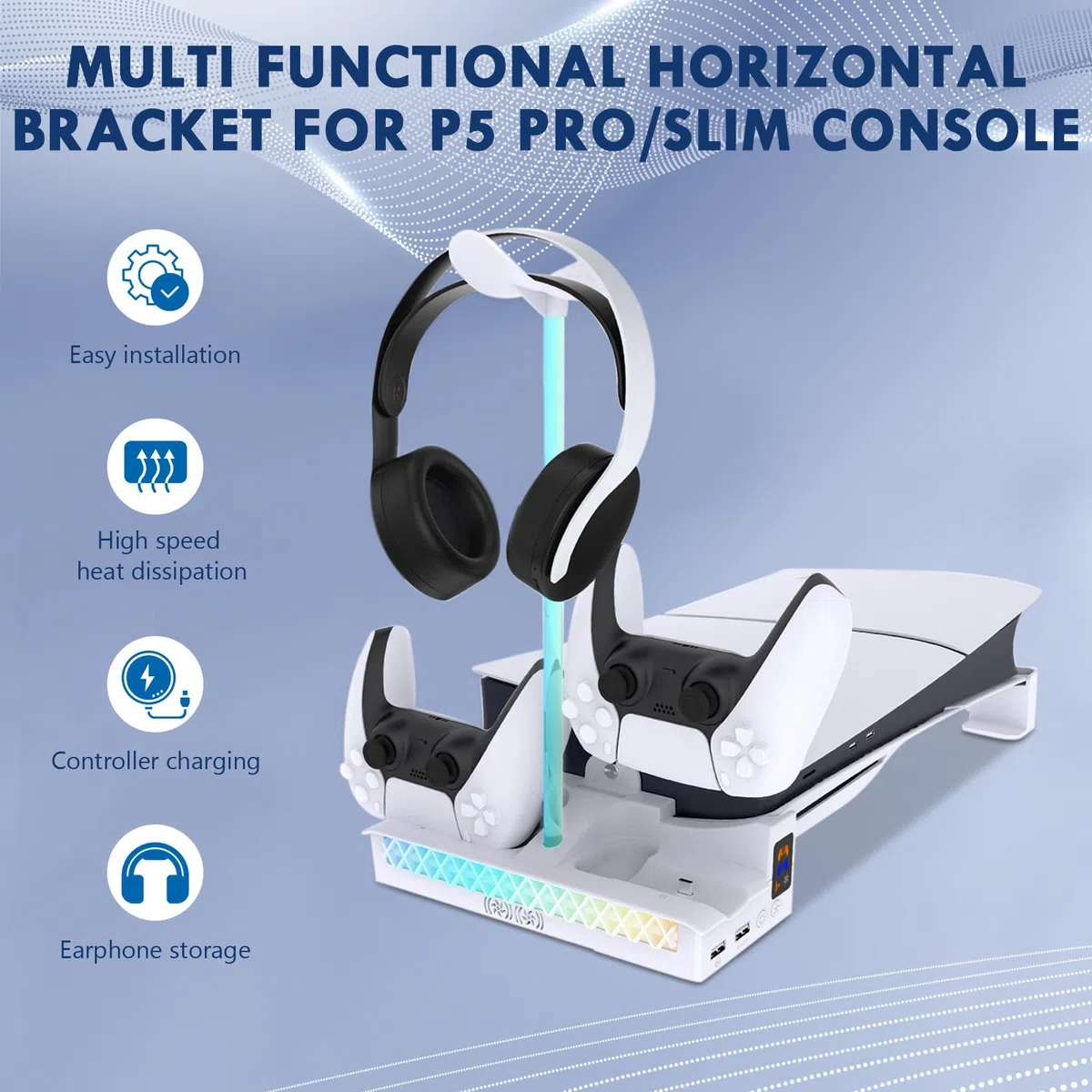 Sehawei Soporte para PS5 Slim/Pro con Ventilador de 2 Velocidades, Cargador para Mando PS5 con Luz LED, Soporte PS5 Horizontal con 2 Puertos USB y Holder Headphone para PS5 Slim (No para P5 2020)