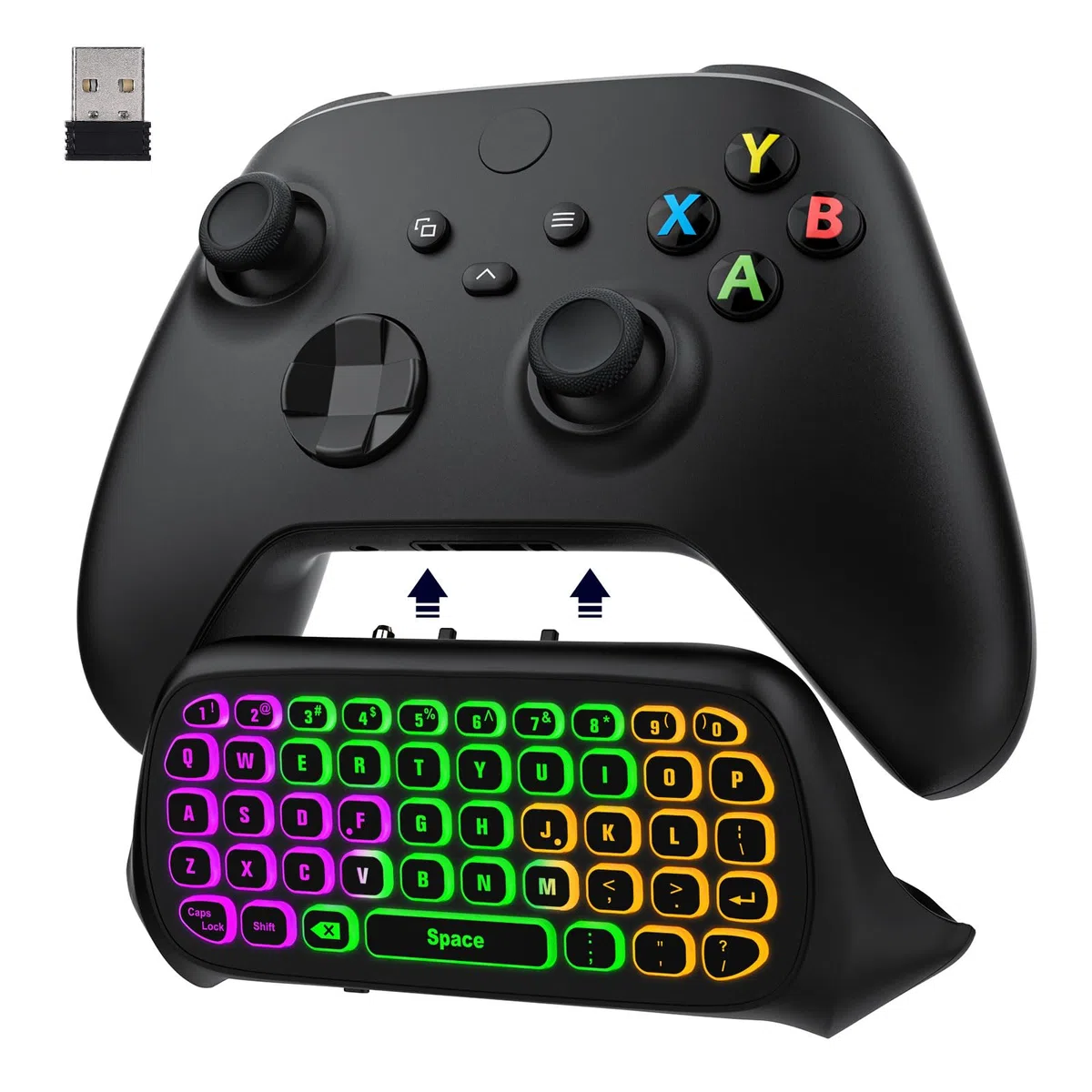 MoKo Teclado Inalámbrico con RGB Retroiluminación Colorida para Controlador Xbox One/One S/Series S/Series X/Elite/Elite 2, Mini Teclado de Xbox con Receptor 2,4G y Conector de Audio 3,5mm, Negro