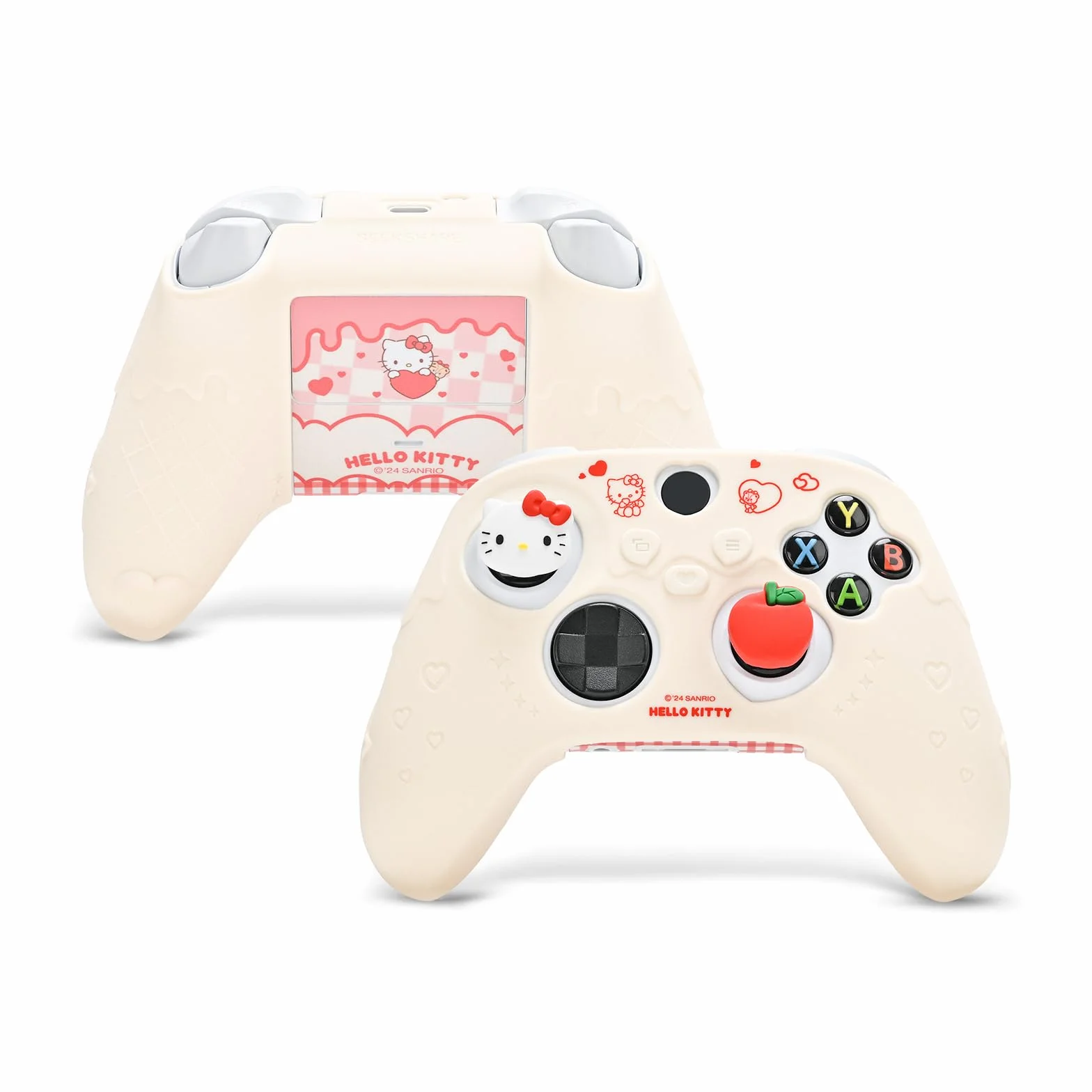 Kuitmor Funda protectora antideslizante de silicona suave compatible con mando de Xbox con 2 tapas de agarre para el pulgar y 1 adhesivo (beige Hello Kitty)