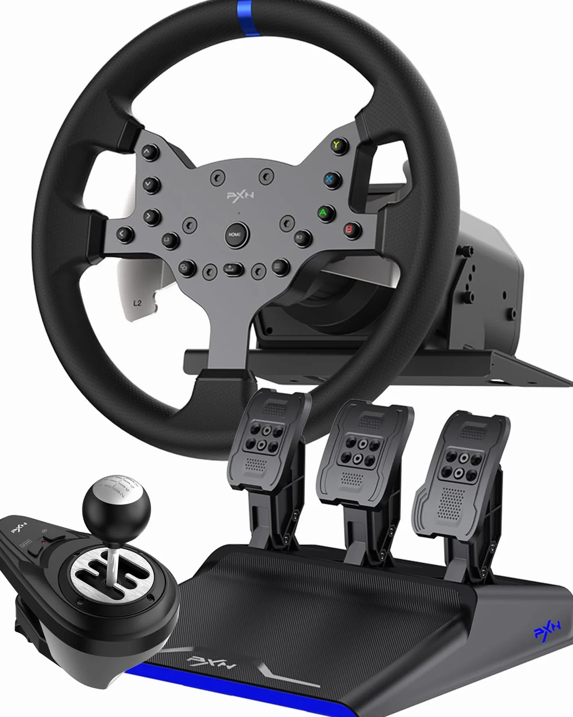 PXN V99 Volante de Juego – Force Feedback de 3,2 Nm, 270°&900°, 300 mm, 4 Palancas, 3 Pedales, Palanca de Cambios en H, App de Configuración – Volante para PC, Xbox y PS4