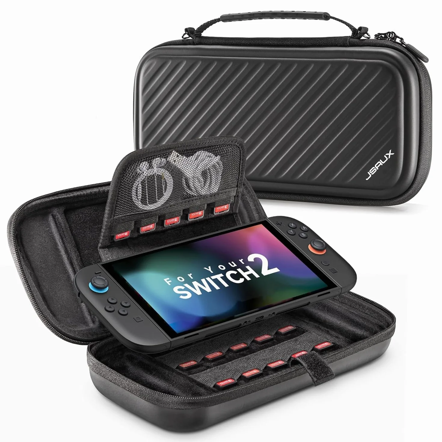 JSAUX Funda Compatible con Nintendo Switch 2 2025, Funda Protectora Rígida con 15 Ranuras para Tarjetas de Juego, Bolsa de Viaje Portátil para la Consola Switch 2 y Accesorios, Negro