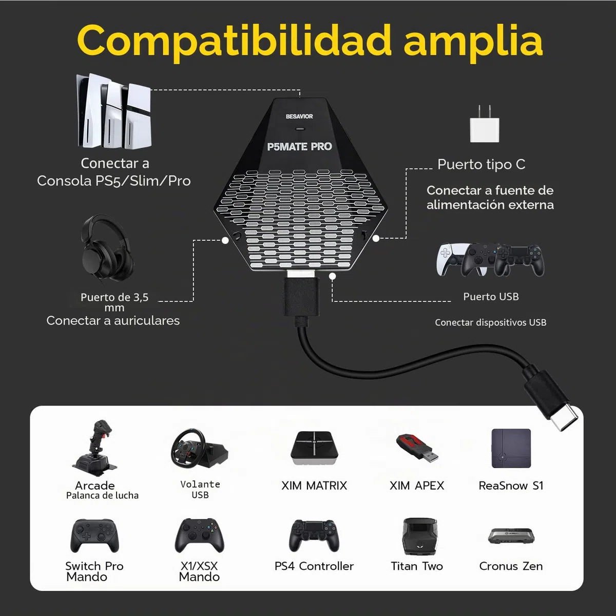 Besavior P5 Mate Pro 1000 Adaptador para PS5 - PS5 Convertidor para XIM, ReaSnow, Controller Switch, Xbox y PS4, Gaming Avanzado con Soporte Grilletes Adaptativos y Vibración, 1000Hz Baja Latencia