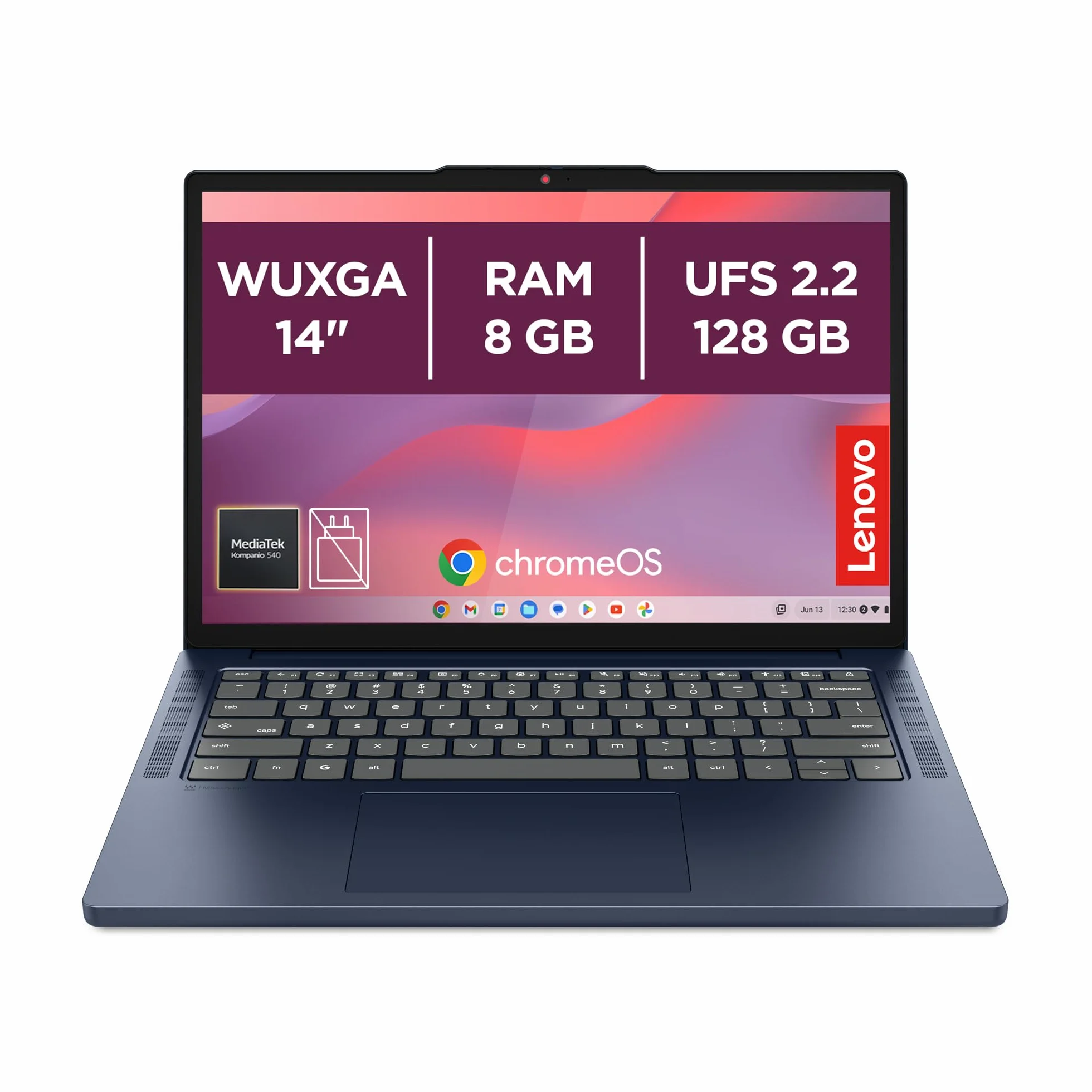 Lenovo Chromebook Gen 11 - Ordenador Portátil 14" WUXGA (MediaTek Kompanio 540, 8 GB RAM, 128 GB UFS 2.2, ChromeOS) QWERTY Español, Azul + 3 Meses Google AI Pro con Gemini Pro y 5TB