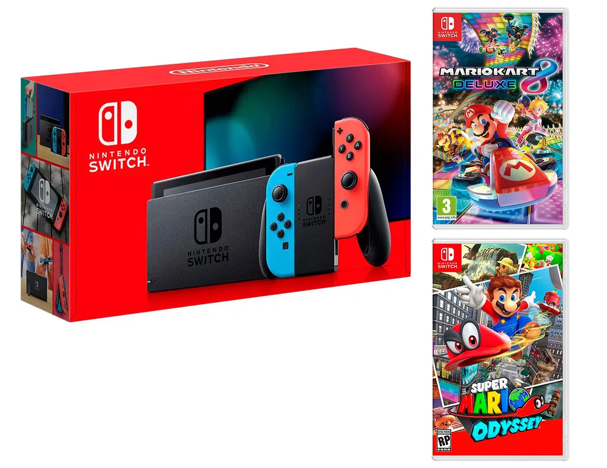 Nintendo Switch consola Rojo Neón/Azul Néon 32Go + Super Mario Odyssey + Mario Kart 8 Deluxe