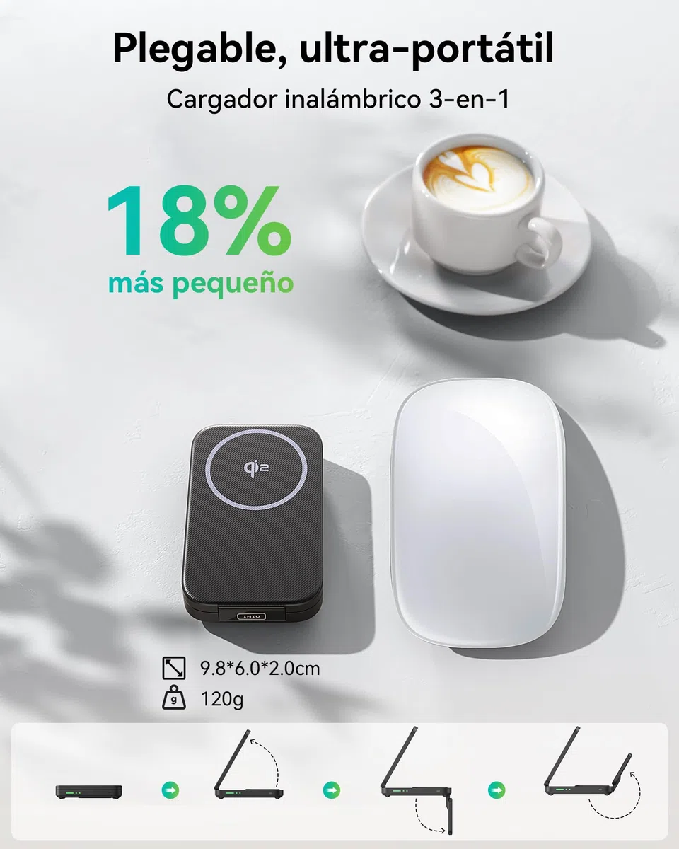 INIU Cargador Inalámbrico 3 en 1, 15W Certificado Qi2 Cargador de Viaje rápido Plegable magnético Compatible con Mag-Safe para iPhone 17e /17/16/15/14/13/12/Air Series, Apple Watch & AirPods Pro/4/3/2
