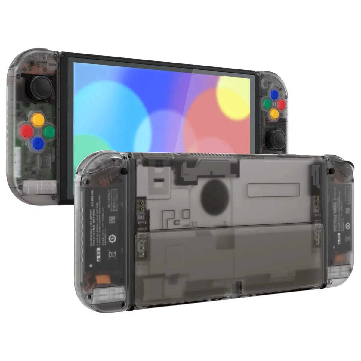 eXtremeRate Carcasa Transparente para Nintendo Switch OLED, Tapa Trasera & Soporte Placa con Botones Coloridos para NSO, Funda Protectora NS Joycons - Negro