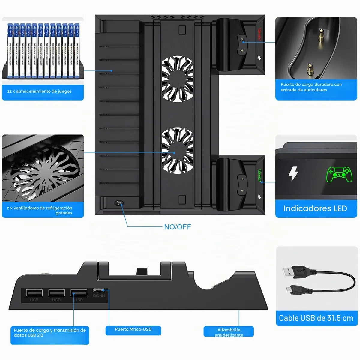ASUNCELL Soporte vertical para PS4, con ventilador y estación de carga para PS4 Pro/Slim, incluye 12 juegos
