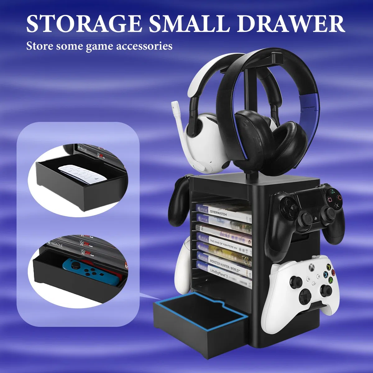 GEEKRIA Soporte de Almacenamiento multifunción para Juegos Compatible con PS5/PS4/XBOX Series X/Xbox One/Nintendo Switch, Estante para Discos de Juegos y Soporte para Controlador/Auriculares (Negro)