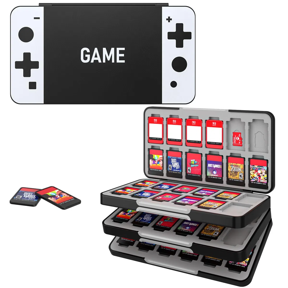 MoKo Funda para Almacenamiento de Juegos Compatible con Nintendo Switch 2/Switch OLED 2021/Lite, Organizador de 72 Tarjetas Juego 24 Tarjetas SD Impermeable Estuche, Negro & Blanco