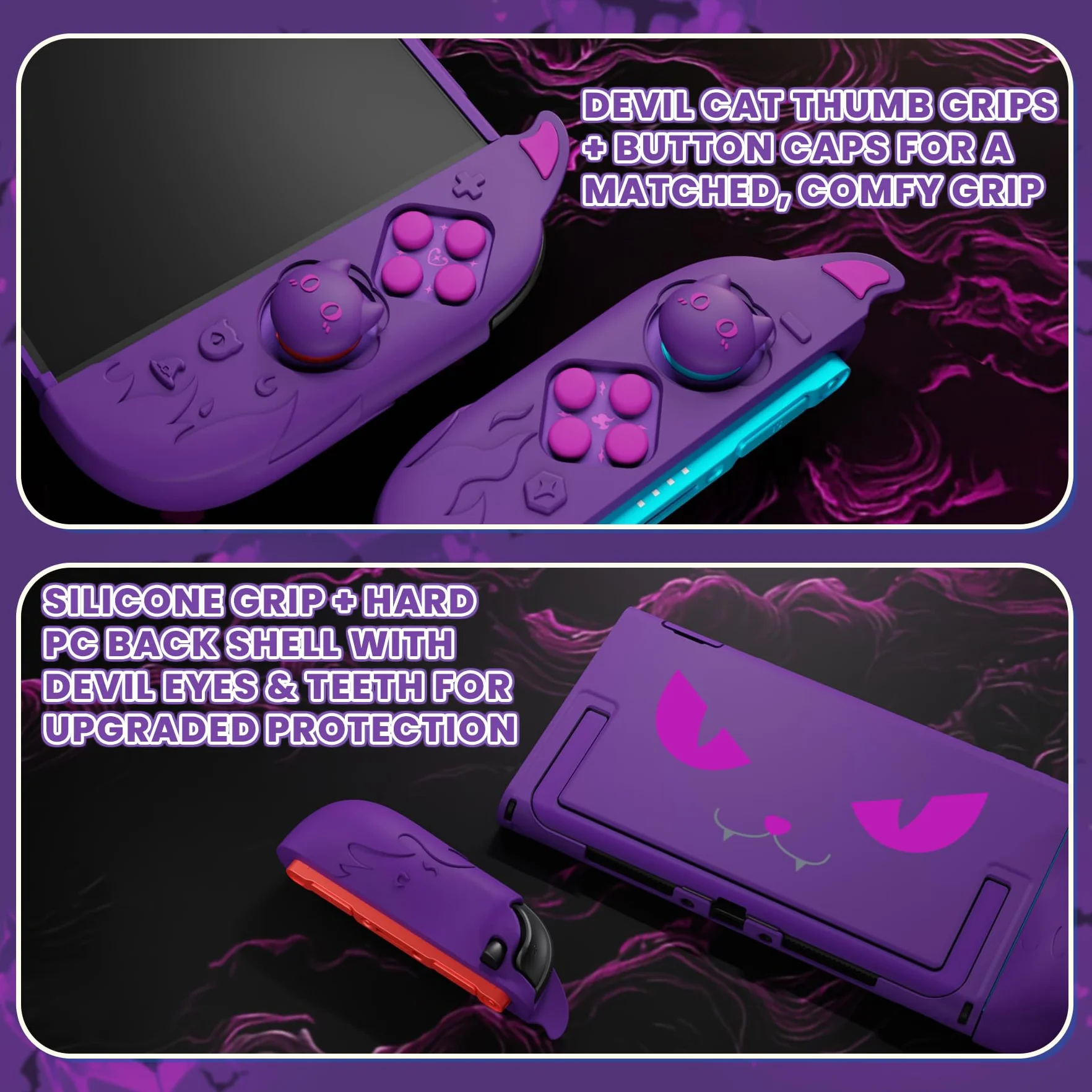 PlayVital Funda Protectora para Nintendo Switch 2, Grip de Silicona Antideslizante + Carcasa Rígida Compatible con Dock, con Tapas para Joystick y Pegatinas, Antigolpes - Cute Demon (Violeta)