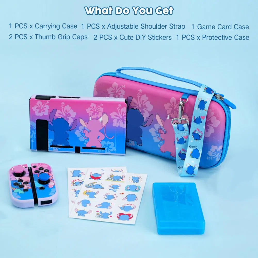 PERFECTSIGHT Funda de transporte para consola Nintendo Switch con accesorios 10 en 1, Paquete azul y morado, S y A