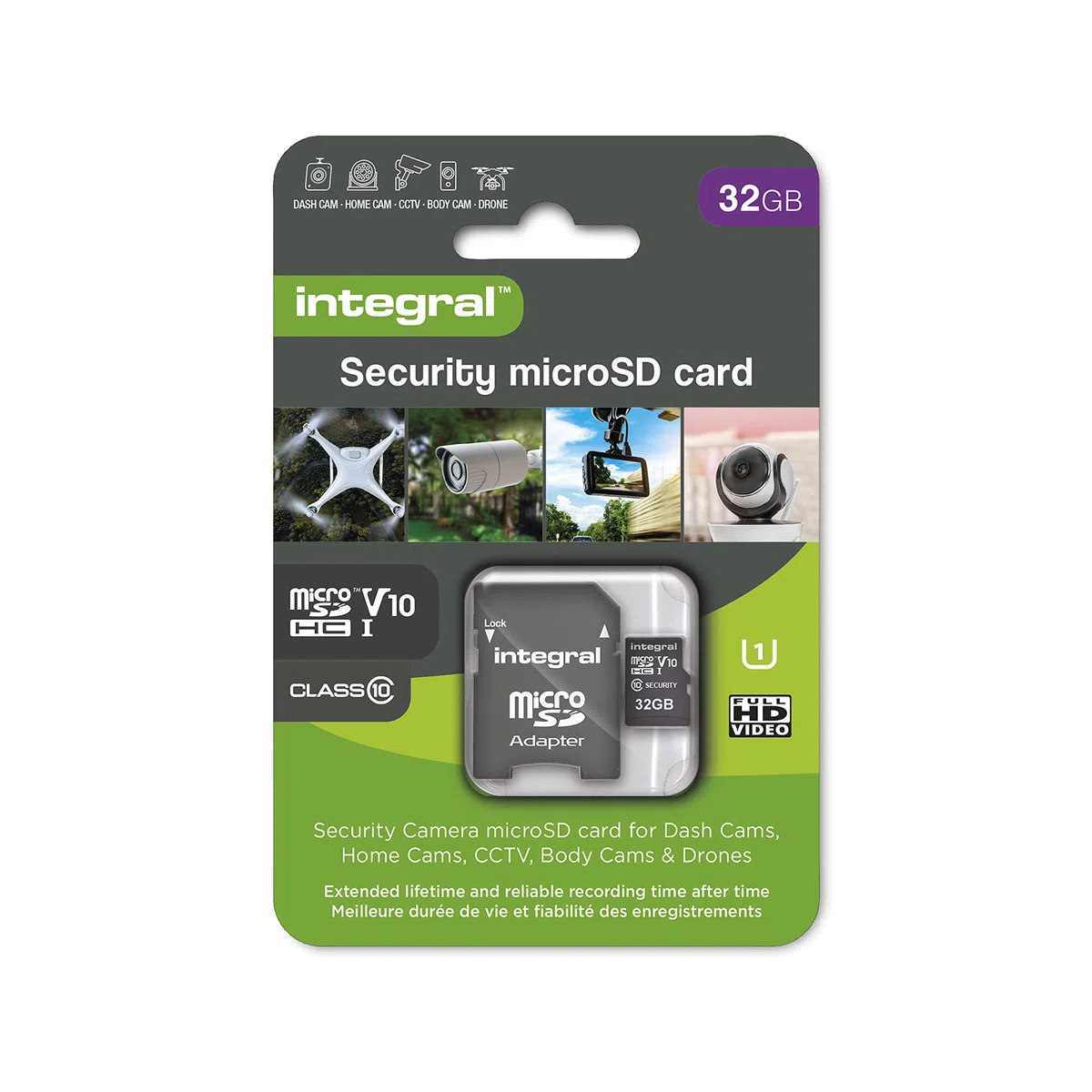 Integral tarjeta de seguridad Micro SD 32GB para dash-cams cámaras domésticas CCTV cámaras corporales y drones. Vida útil prolongada y grabación de confianza en todo momento de alta resistencia