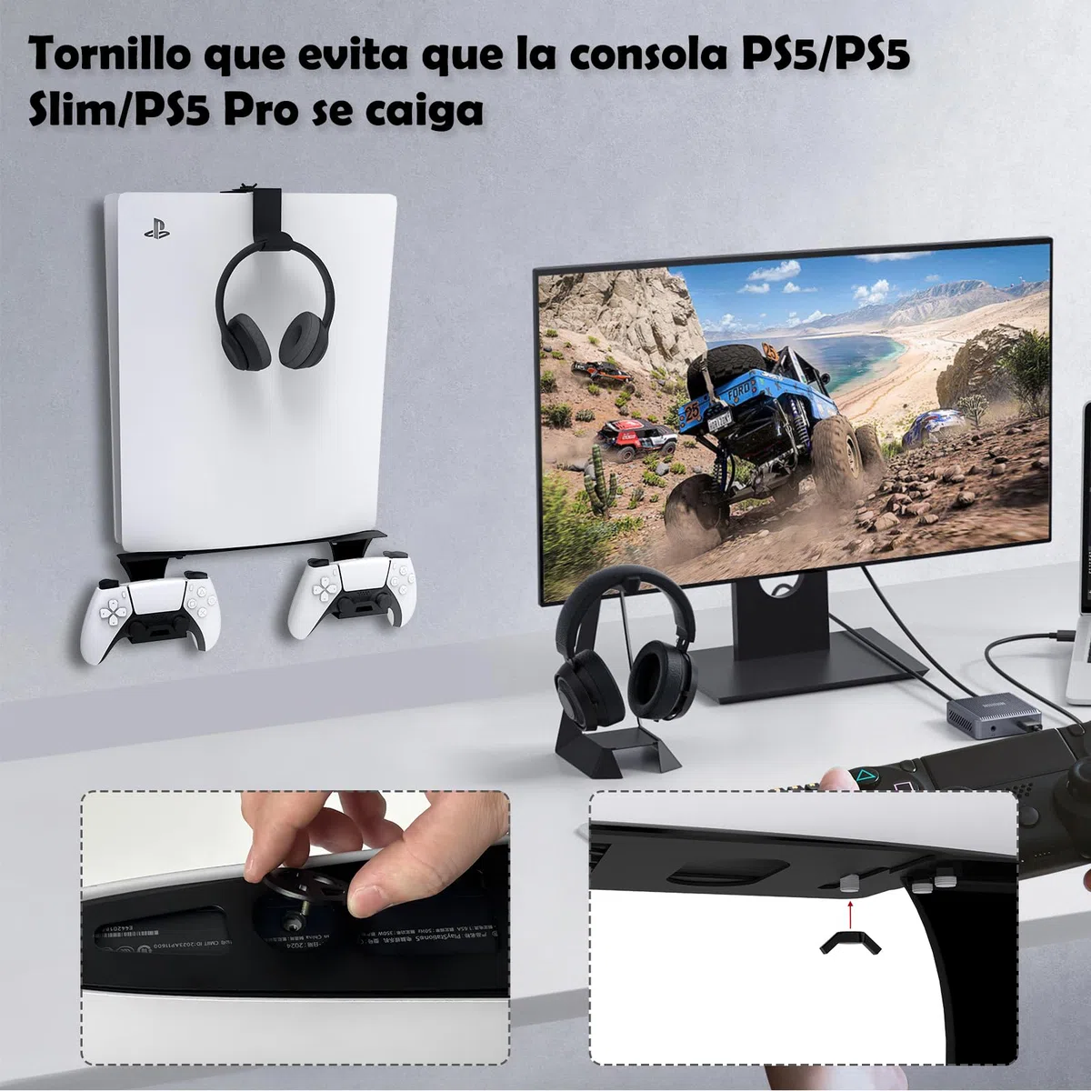 Soporte de Pared para PS5/PS5 Slim/PS5 Pro Soporte de Pared para Consola PS5/PS5 Slim con Soporte para Controlador y Soporte para Auriculares - Accesorios PS5 de Metal sólido - Negro