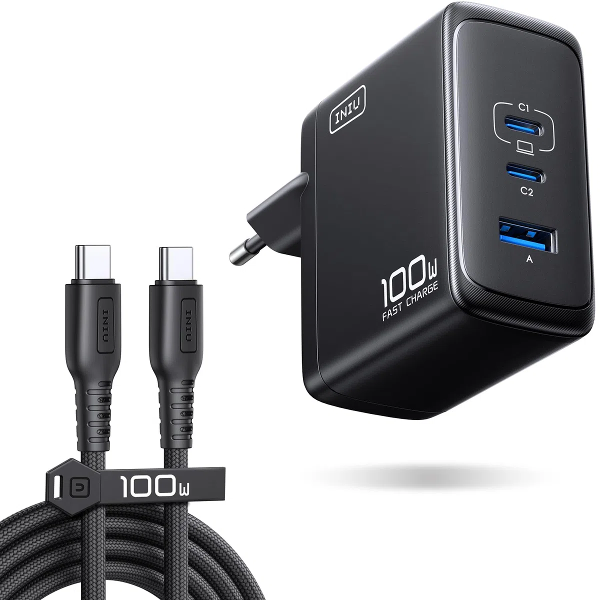 INIU Cargador USB C GaN 100W, 3-Puertos Cargador Rápido Compacto con Cable USB C de 100W 1.5m, Cargador de Viaje para Portátil MacBook Pro Air 14, iPhone 17 16 Pro Max iPad Samsung S26 S25 Ultra Pixel