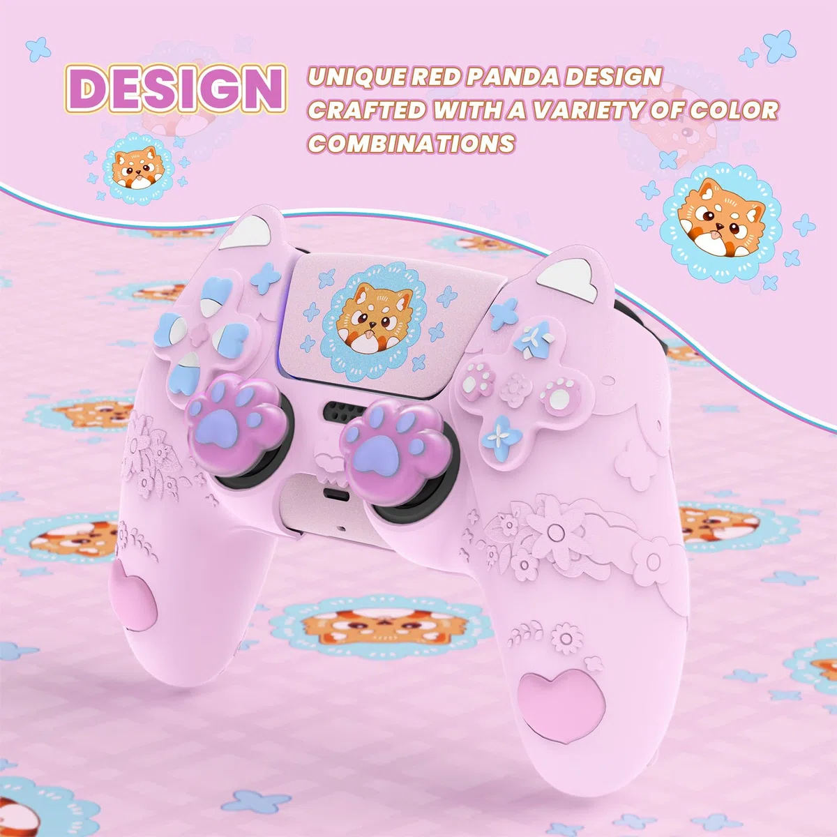 PlayVital Kawaii Funda de Silicona para ps5 Mando - Diseño de Panda Rojo Primaveral, con Tapas de Joystick y Pegatina, Antideslizante y Antigolpes, Compatible con Estación de Carga (Rosa Dulce)