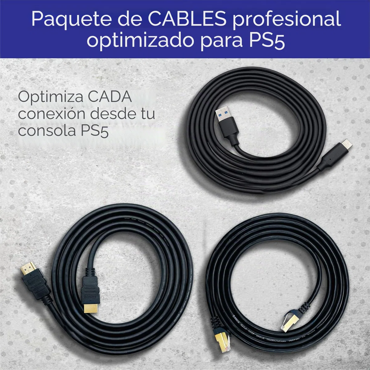 BrightOn Paquete Compatible Con PS5 | Cable Negro 8K HDMI 2.1 HDR 8K @60Hz/4K @120Hz | Ethernet CAT 7 de Súper Alta Velocidad | Carga Rápida USB A a USB C