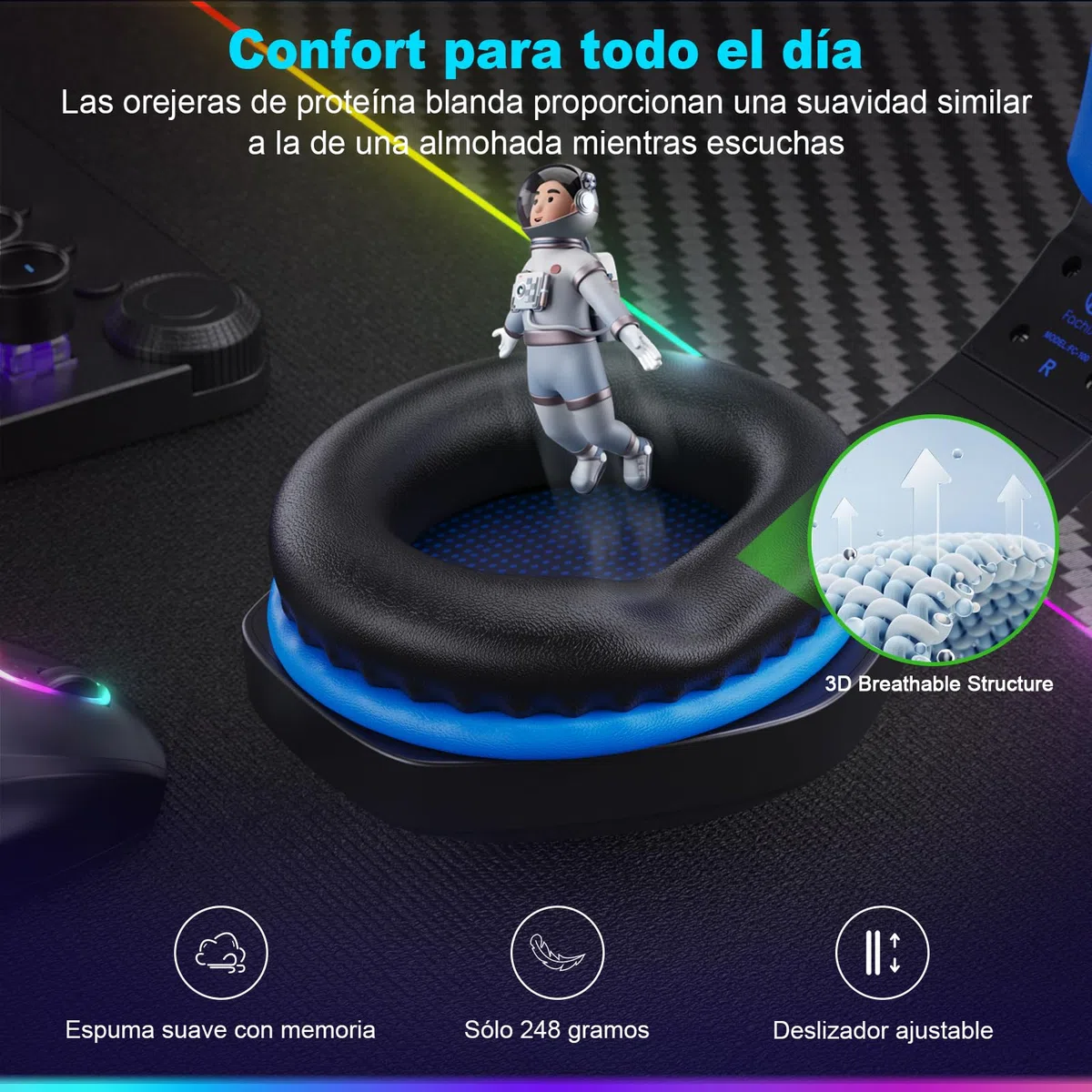 Fachixy「2025 Nuevo」FC100 Cascos Gaming Inalámbricos para PC, PS5, PS4, Auriculares Gaming Inalámbricos de 2,4GHz Wireless+Bluetooth - Baja Latencia, Duración 40Hr+, Luces RGB (Azul-Negro)