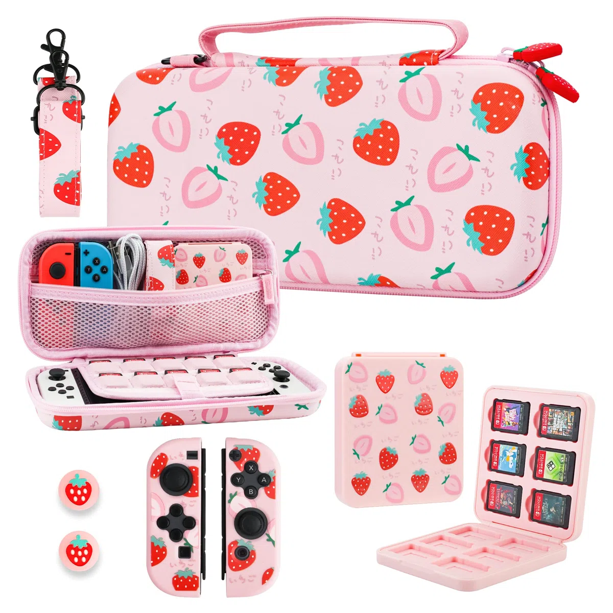 RHOTALL Funda de Transporte para Nintendo Switch & OLED, Funda de Viaje Dura y portátil para Accesorios de Switch con Funda de Juego, 2 Joy con Shell, Correa de Hombro y 2 Tapas de Pulgar, Rosa Fresa
