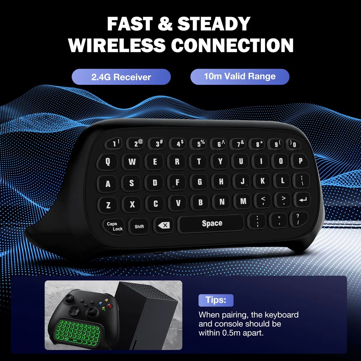 MoKo Teclado Inalámbrico con RGB Retroiluminación Colorida para Controlador Xbox One/One S/Series S/Series X/Elite/Elite 2, Mini Teclado de Xbox con Receptor 2,4G y Conector de Audio 3,5mm, Negro