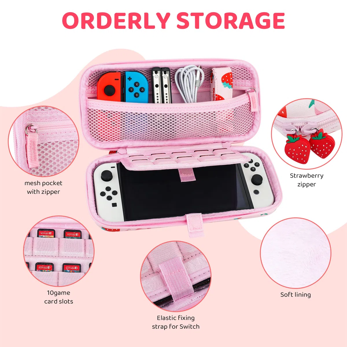 FANPL Funda de Transporte para Nintendo Switch y Switch OLED, Paquete de Funda de Viaje Rosa Fresa con Correa de Hombro Ajustable, agarres para el Pulgar, Funda Protectora rígida antiarañazos, Pink
