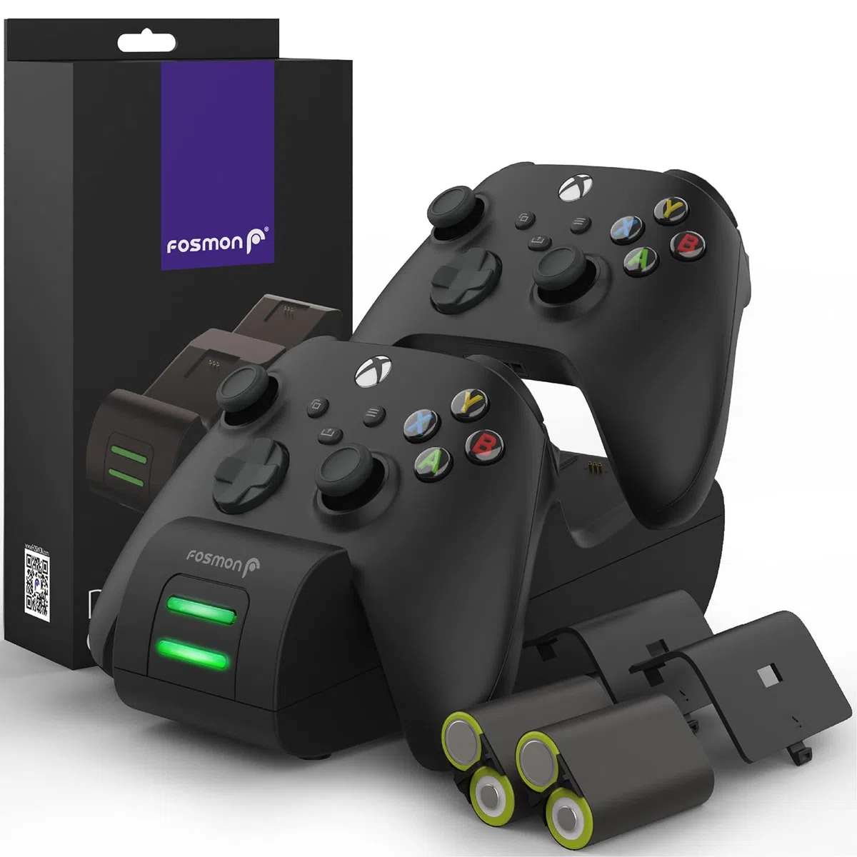 Fosmon Dual 2 MAX Cargador Compatible con Mando Xbox Series X/S (2020), Xbox One/One X/One S Elite Controller, (Doble Estación) Estación de Carga Rápida con 2x 2200mAh Ni-MH Batería Recargable - Negro