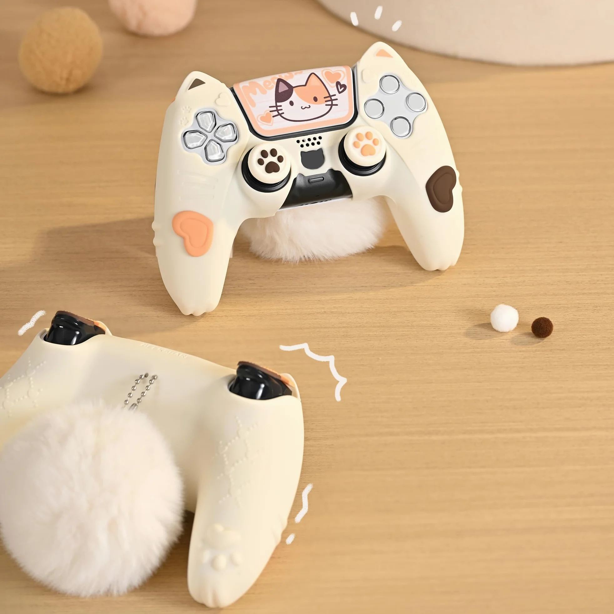 GeekShare Funda Protectora de Silicona para Mando Inalámbrico PS5, Juego de Fundas para Mando PS5 con 2 Tapas de Agarre para Pulgar y 2 Pegatinas - Calico Cat