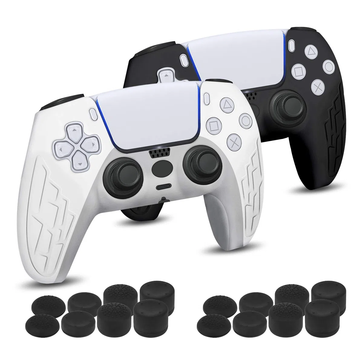 Newseego PS5 Controller Funda [2 Unidades], Funda Protectora de Silicona Suave Antideslizante para la Piel con 16 Piezas de Agarre para el Pulgar para PlayStation5 Controller,Negro + Blanco