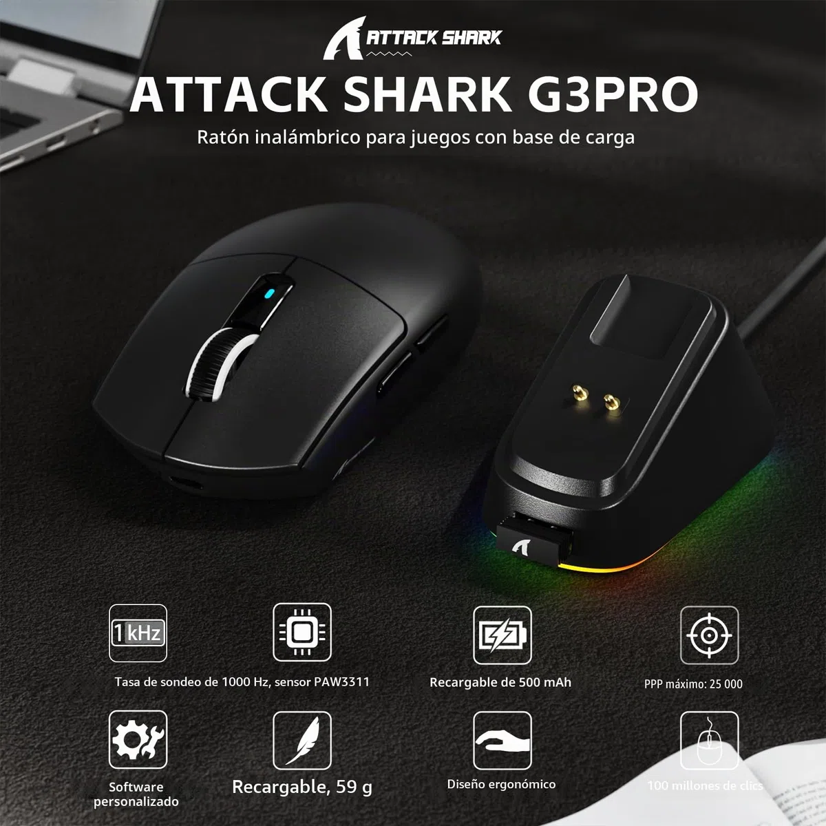 ATTACK SHARK G3PRO Ratón Inalámbrico para Juegos con Base de Carga Magnética, Sensor PixArt PAW3311, 25000 dpi, Bluetooth/2,4GHz/Cable, 100M Clics, 59g Ratón Superligero para PC/Xbox/Mac (Negro)
